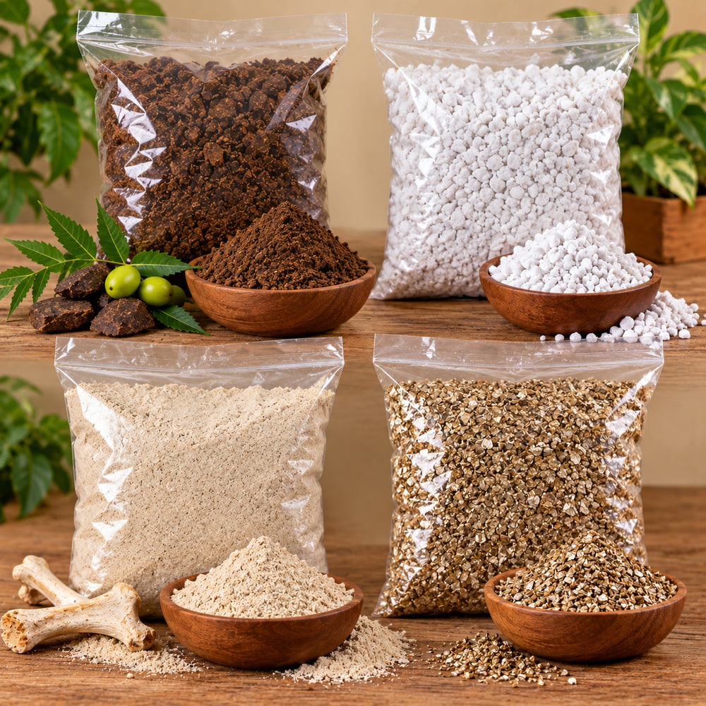 4-in-1 Plant Growth & Soil Care Combo Neem Cake Powder + Perlite + Bone Meal + Vermiculite